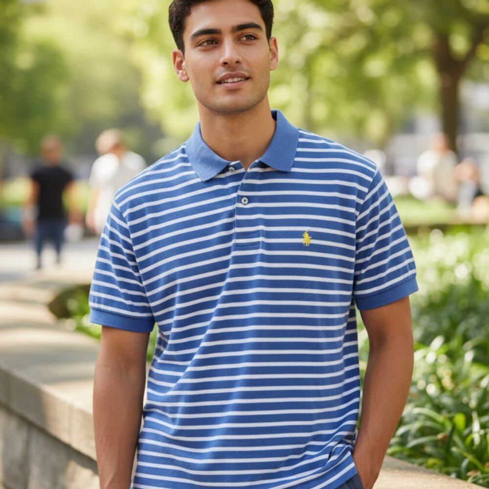 Polo Ralph Lauren Mens Striped Polo Shirt Size M Blue & White Cotton Short Sleev